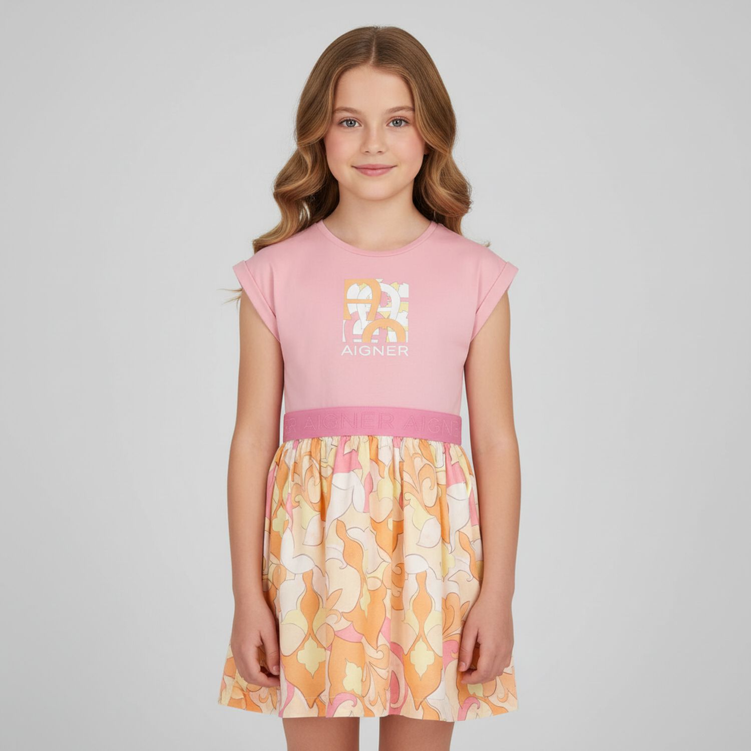Girls Pink & Yellow Logo Dress, 1, hi-res