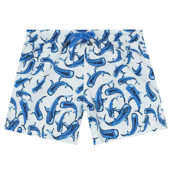 Boys White & Blue Sharks Swim Shorts