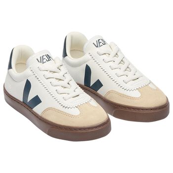 White & Beige Leather Trainers