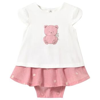 Baby Girls White & Pink Teddy Bear Skirt Set
