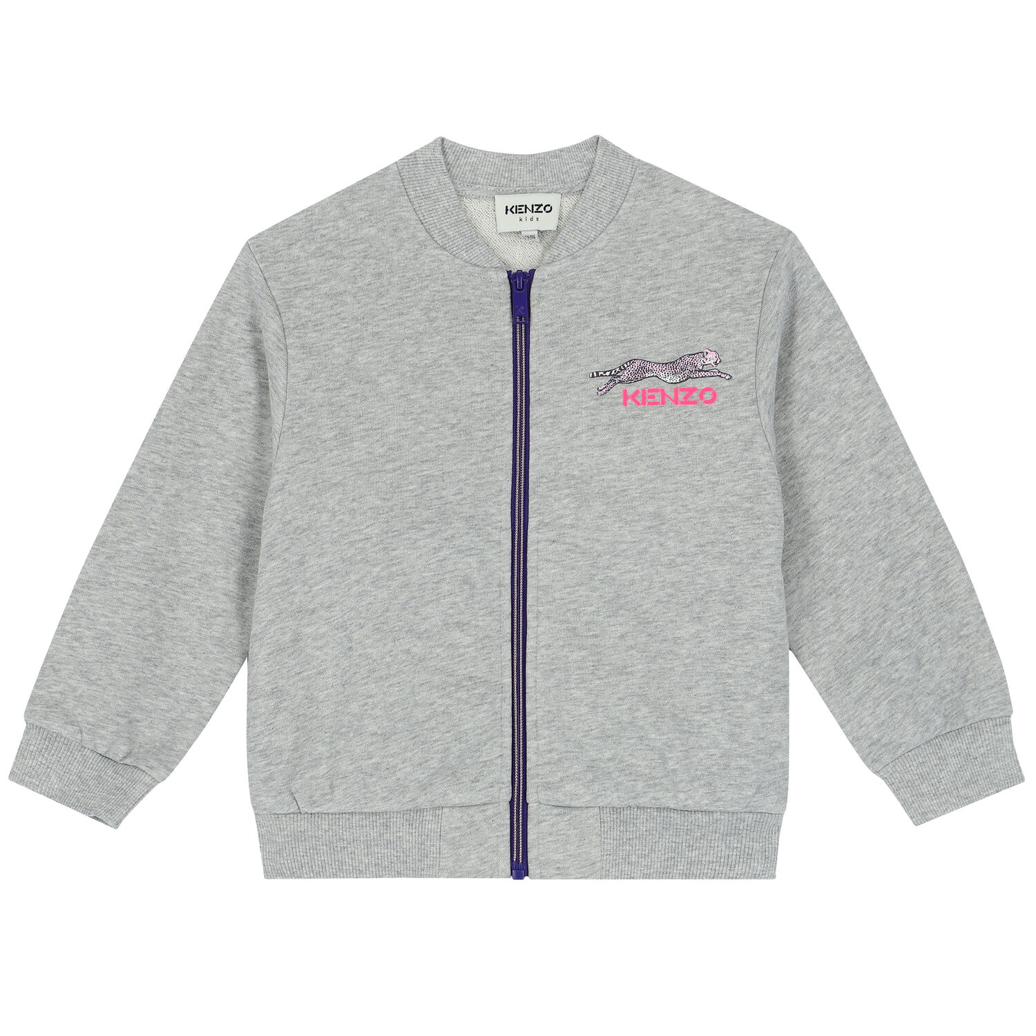 Girls Grey Cheetah Logo Zip Up Top, 1, hi-res