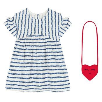 Younger Girls White & Blue Heart Dress & Bag Set