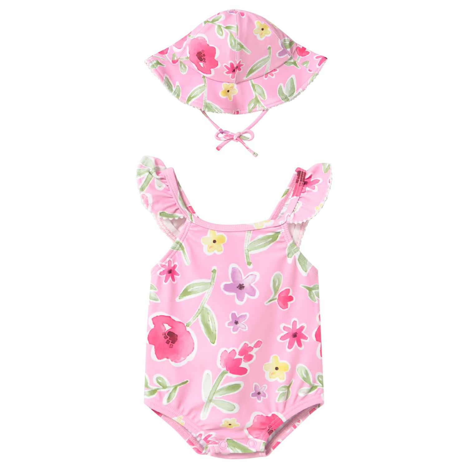 Baby Girls Pink Floral Swimsuit Set, 2, hi-res