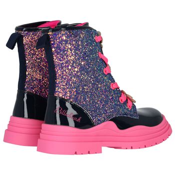 Girls Navy Blue & Pink Glitter Boots