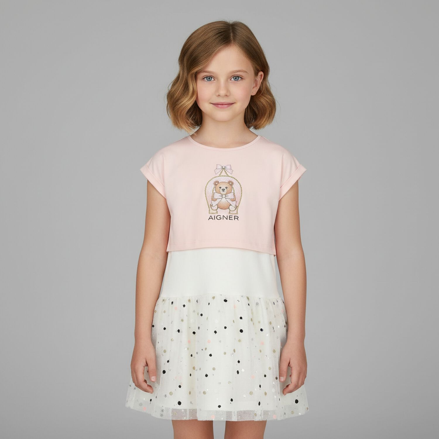 Girls Pink & White Logo Tulle Dress Set, 2, hi-res image number null