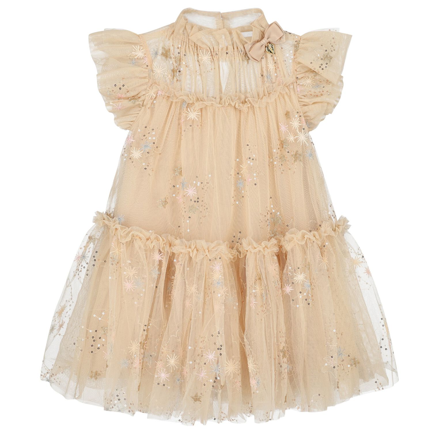 Girls Beige & Gold Tulle Dress, 1, hi-res