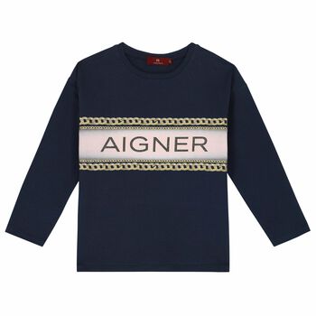 Girls Navy Logo Long Sleeve Top