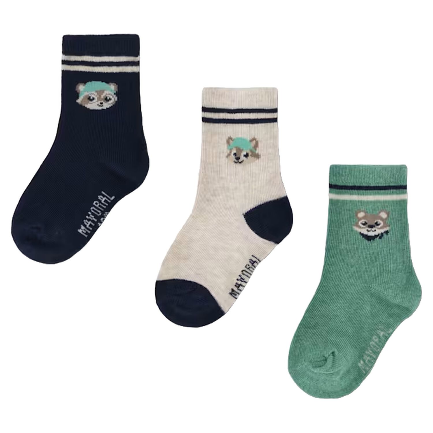 Younger Boys Black, Beige & Green Racoon Socks ( 3 Pack ) , 2, hi-res