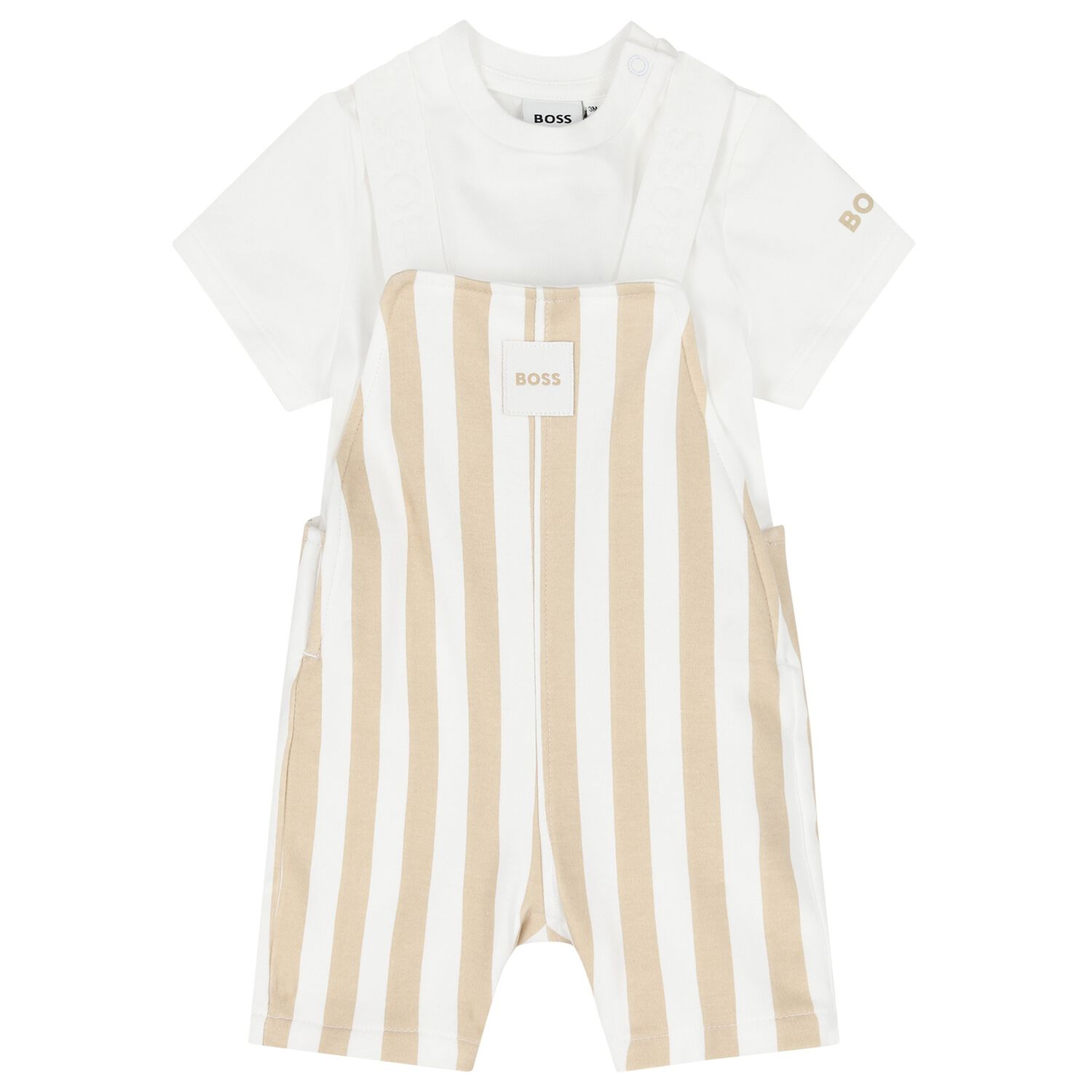 Baby Boys White & Beige Striped Logo Dungaree Set, 1, hi-res