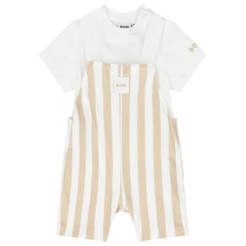 Baby Boys White & Beige Striped Logo Dungaree Set