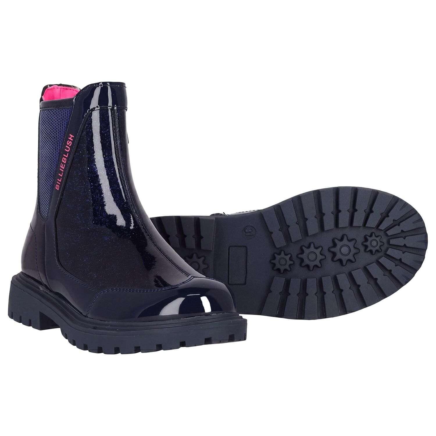 Girls Navy Blue Faux Leather Boots , 1, hi-res