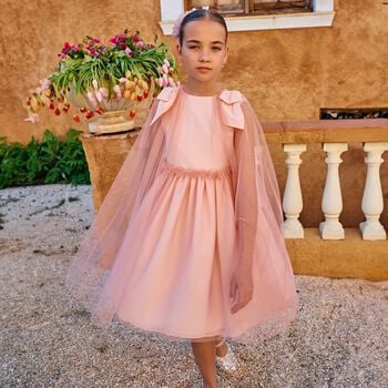 Girls Pink Tulle & Chiffon Cape Dress