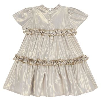 Younger Girls Beige & Gold Logo Ruffled Dress
