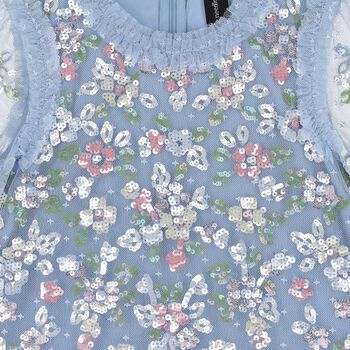Girls Blue Floral Tulle & Sequin Dress