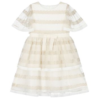 Girls White & Gold Tulle & Chiffon Dress
