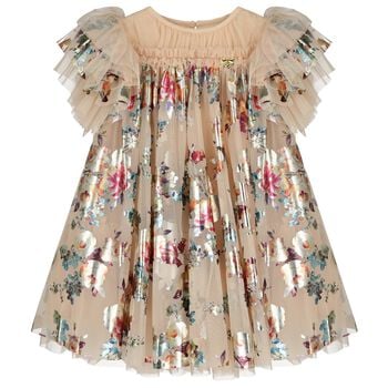 Girls Beige Tulle Flowers Dress