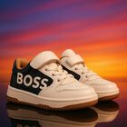 Boys White, Beige & Black Logo Trainers, 1, hi-res