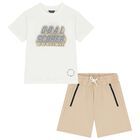 Boys White & Beige Shorts Set, 1, hi-res