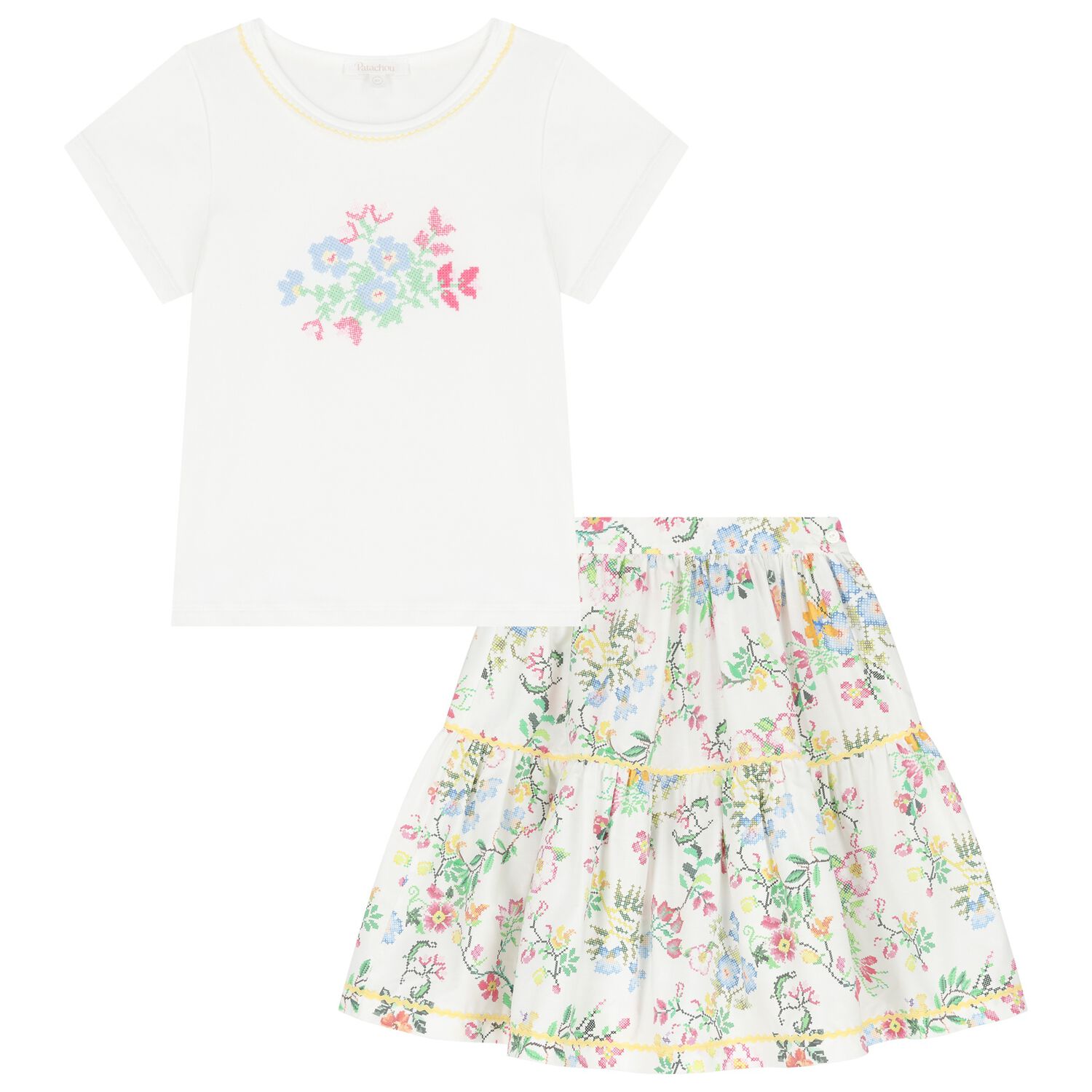 Girls White Floral Skirt Set, 1, hi-res