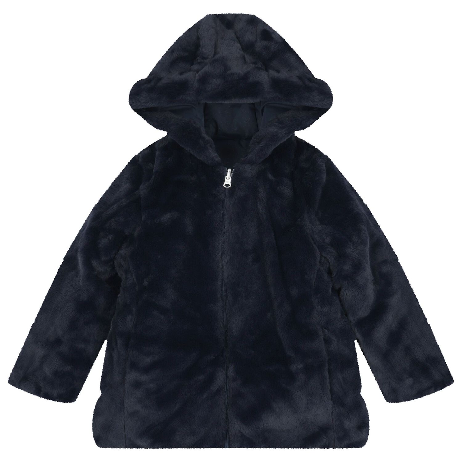 Girls Navy Blue Reversible Faux Fur Jacket, 1, hi-res