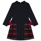 Girls Navy Blue Tartan Dress, 1, hi-res