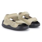 Boys Beige & Black Logo Sandals, 2, hi-res