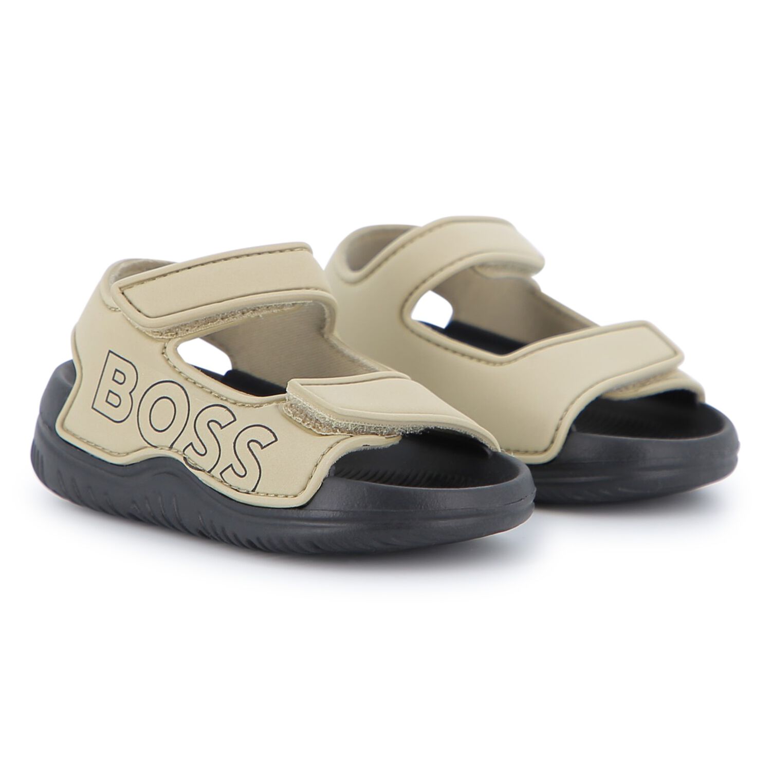 Boys Beige & Black Logo Sandals, 2, hi-res