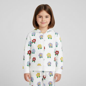 Younger Girls White Flower Joggers