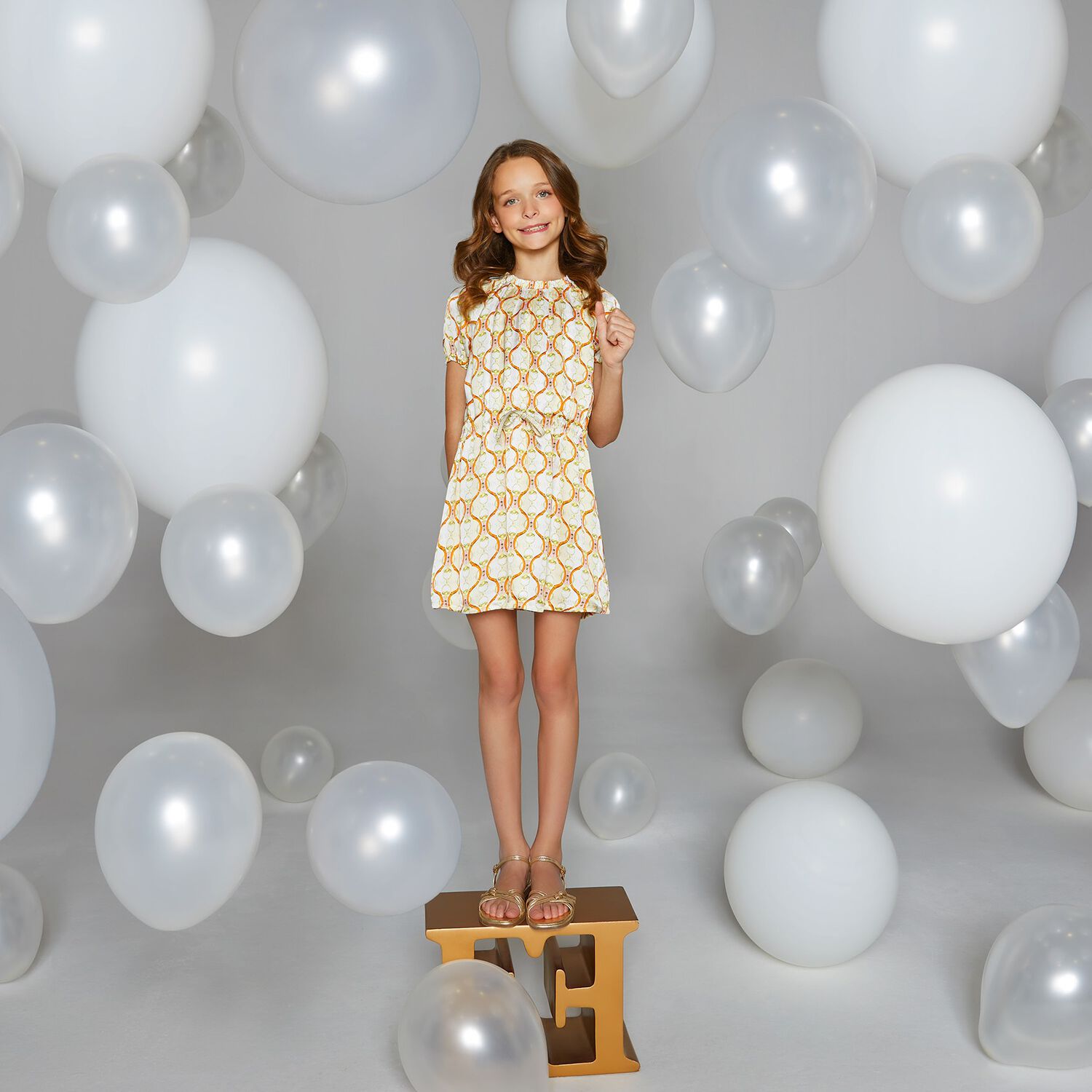 Girls Beige & White Logo Dress, 1, hi-res
