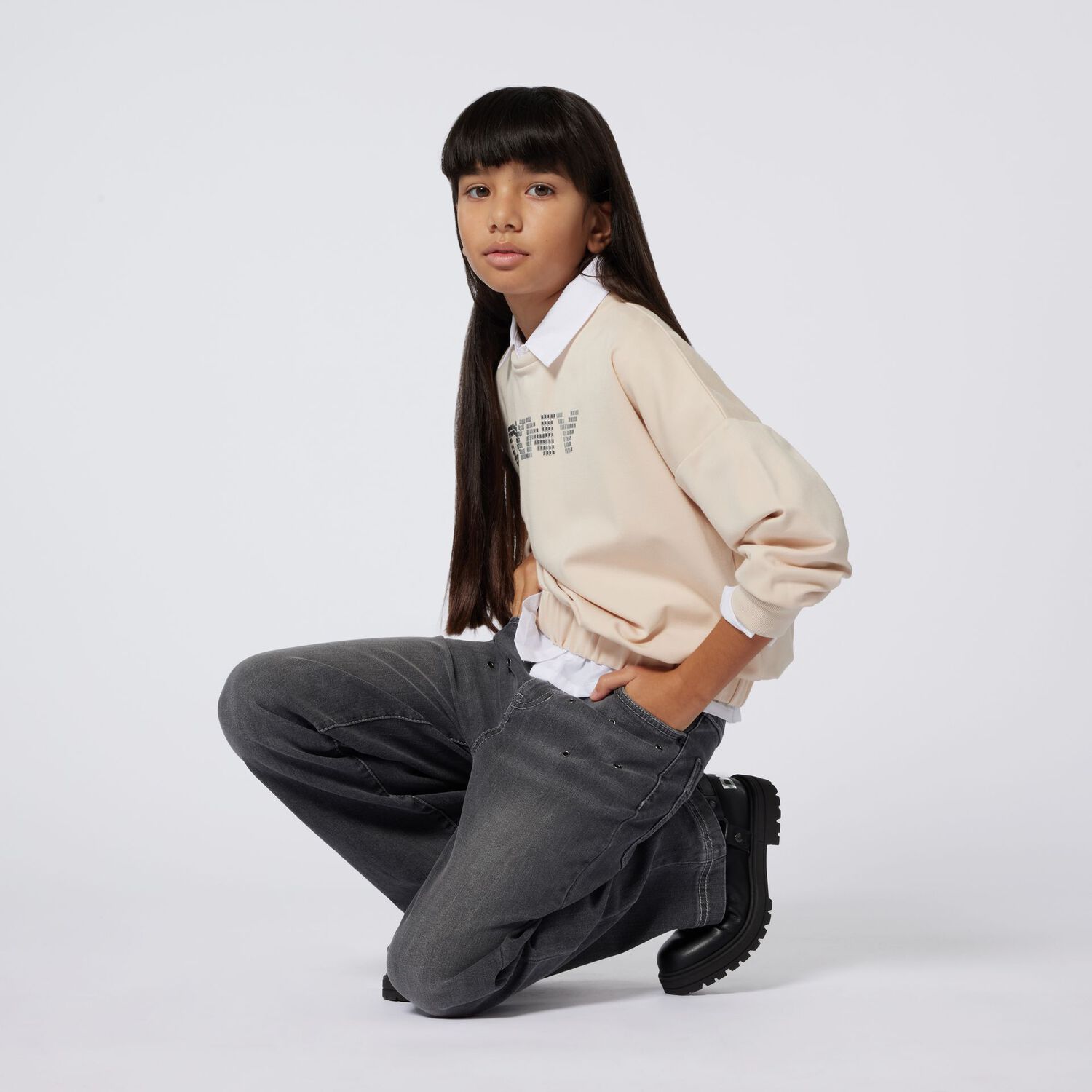 Girls Black Eyelet Denim Jeans, 1, hi-res