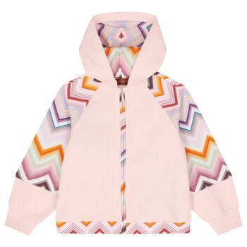 Girls Pink Zig Zag Hooded Zip Up Top