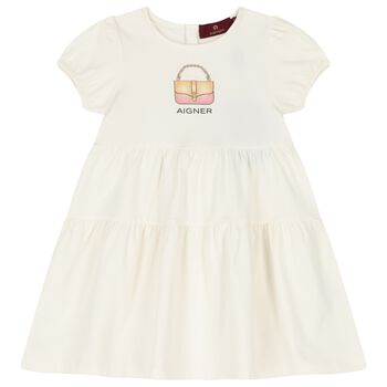Younger Girls Ivory Logo Dress