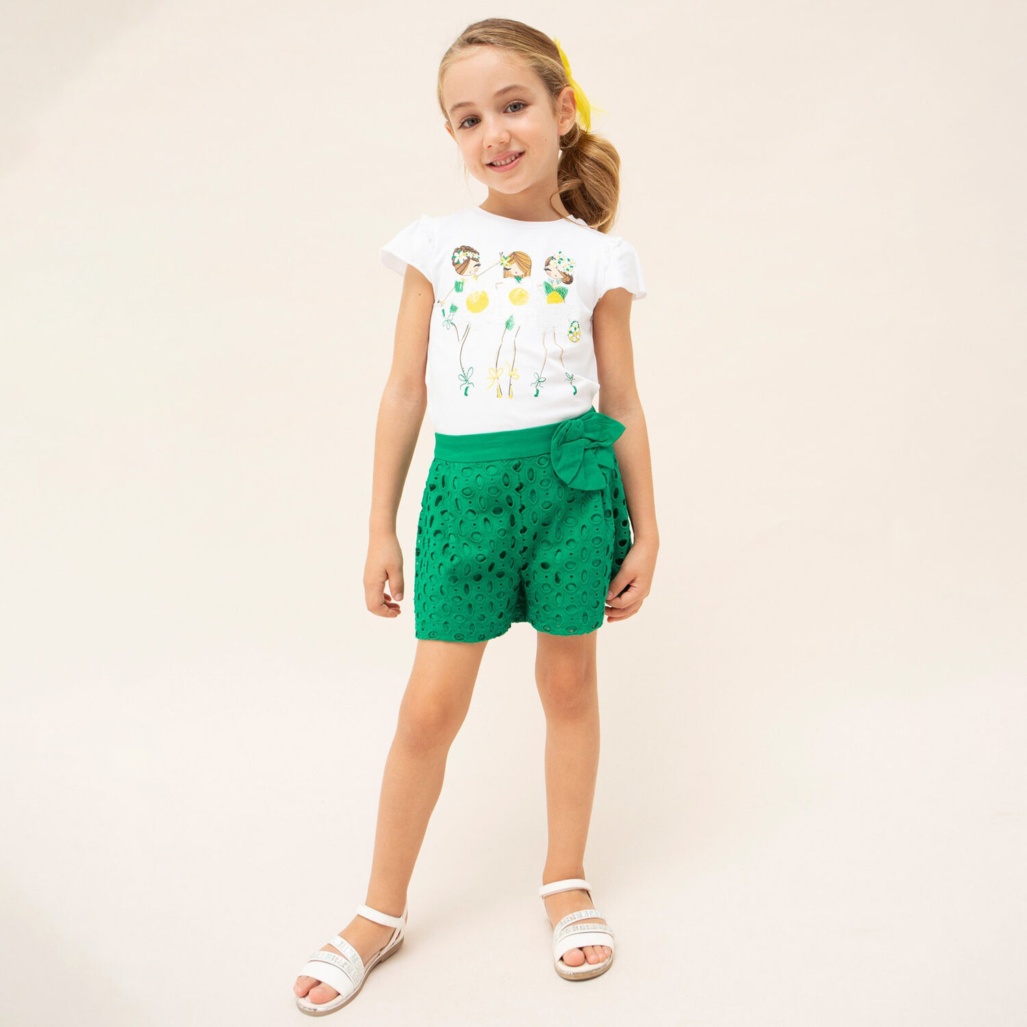 Girls Green Broderie Anglaise Shorts, 1, hi-res