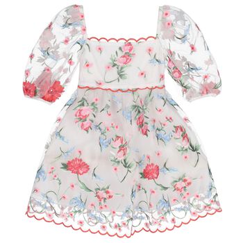 Girls Ivory & Pink Embroidered Tulle Dress 