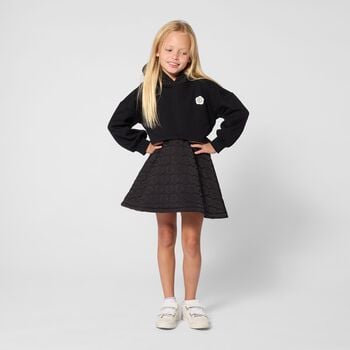 Girls Black Bokeh Flower Logo Hooded Dress