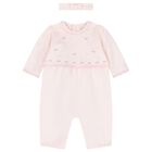 Baby Girls Pink Embroidered Romper Set, 1, hi-res