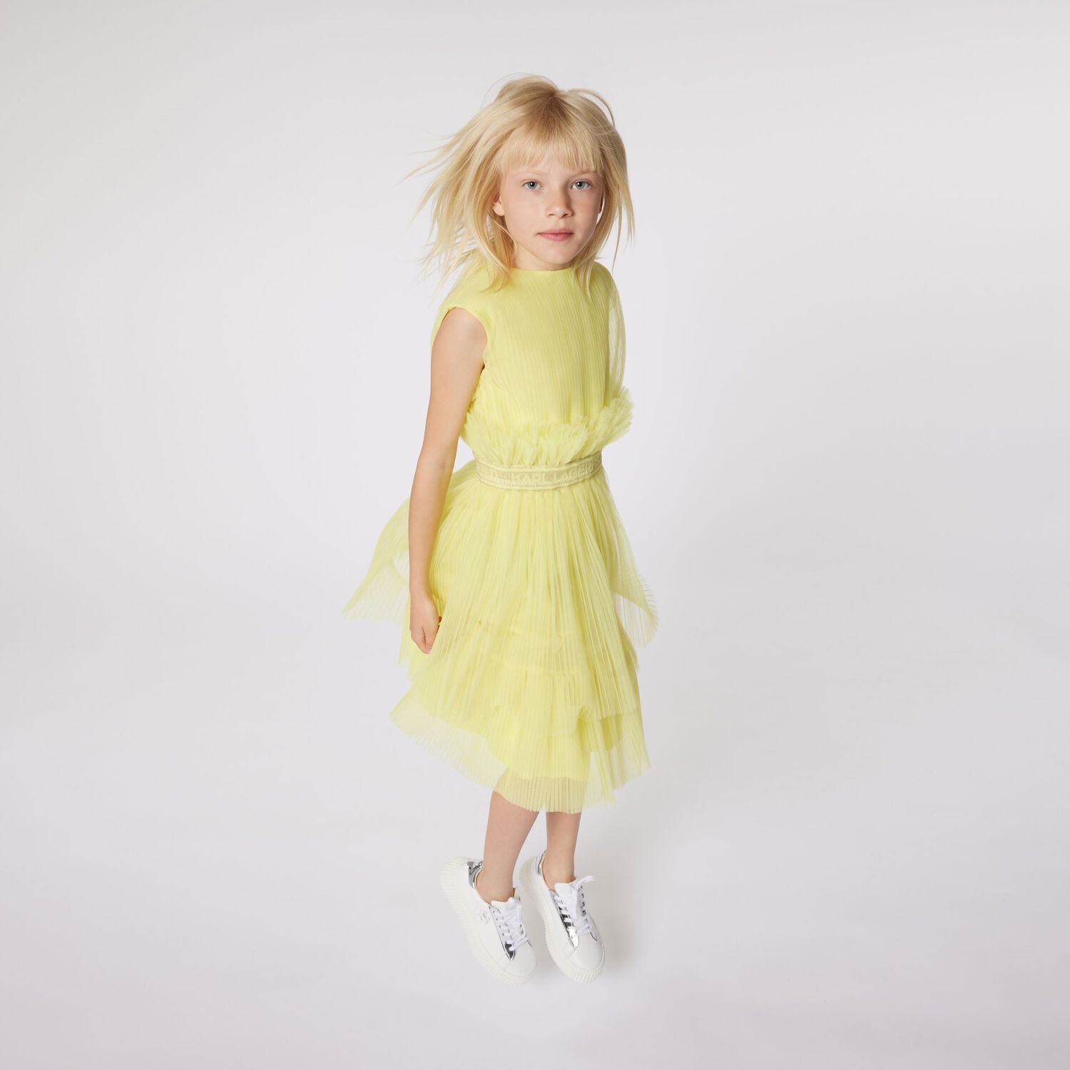 Girls Yellow Pleated Tulle Dress, 2, hi-res image number null