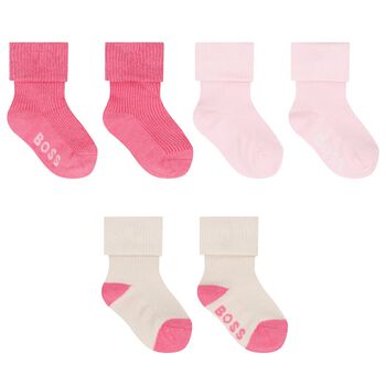 Baby Girls Pink & Beige Logo Socks ( 3-Pack ) 