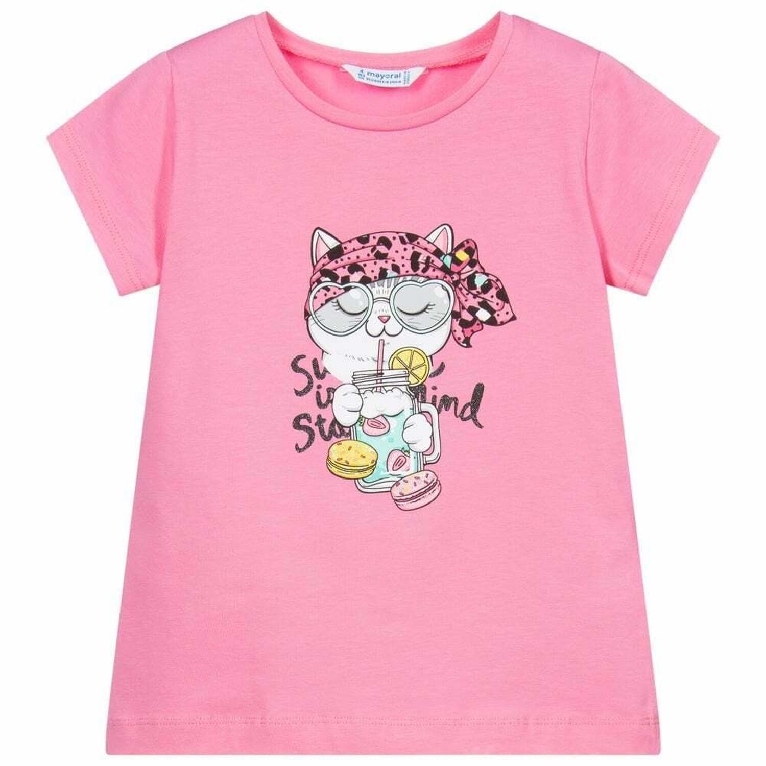 Girls Pink Cat T-Shirt, 1, hi-res image number null
