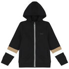 Boys Black Logo Hooded Zip Up Top, 2, hi-res