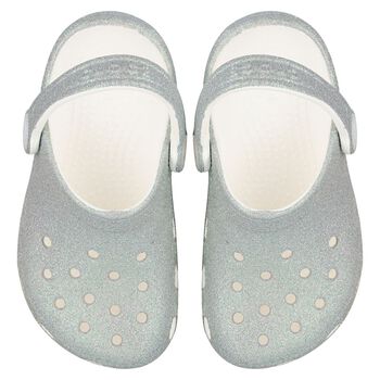 Girls Silver Iridescent Glitter Classic Clogs Sandals