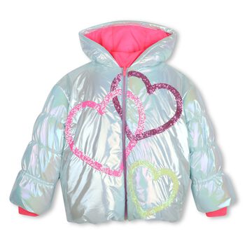 Girls Silver Iridescent Heart Puffer Jacket
