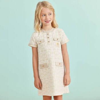 Girls Ivory & Gold Logo Dress