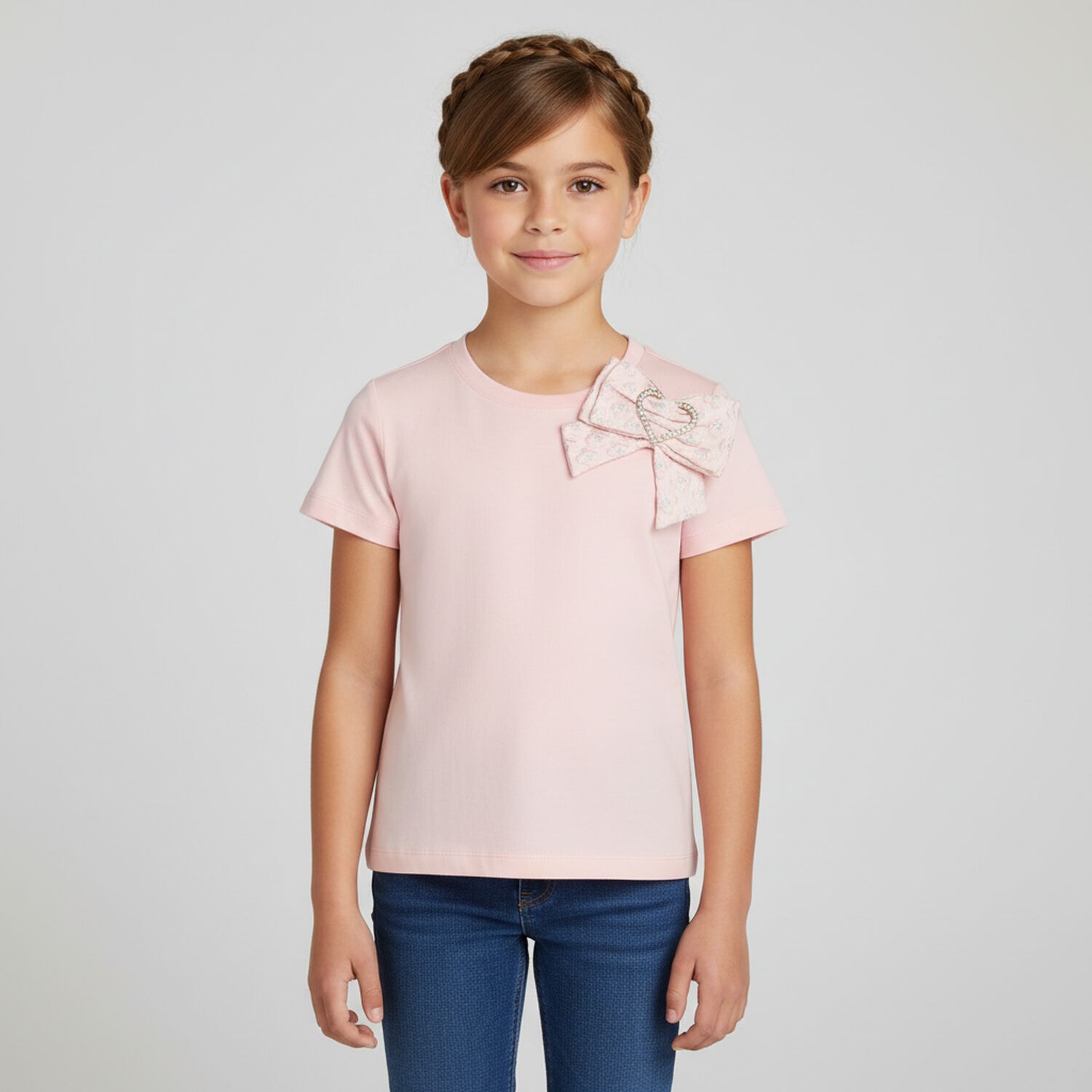 Girls Pink Jacquard Heart Bow T-Shirt, 3, hi-res