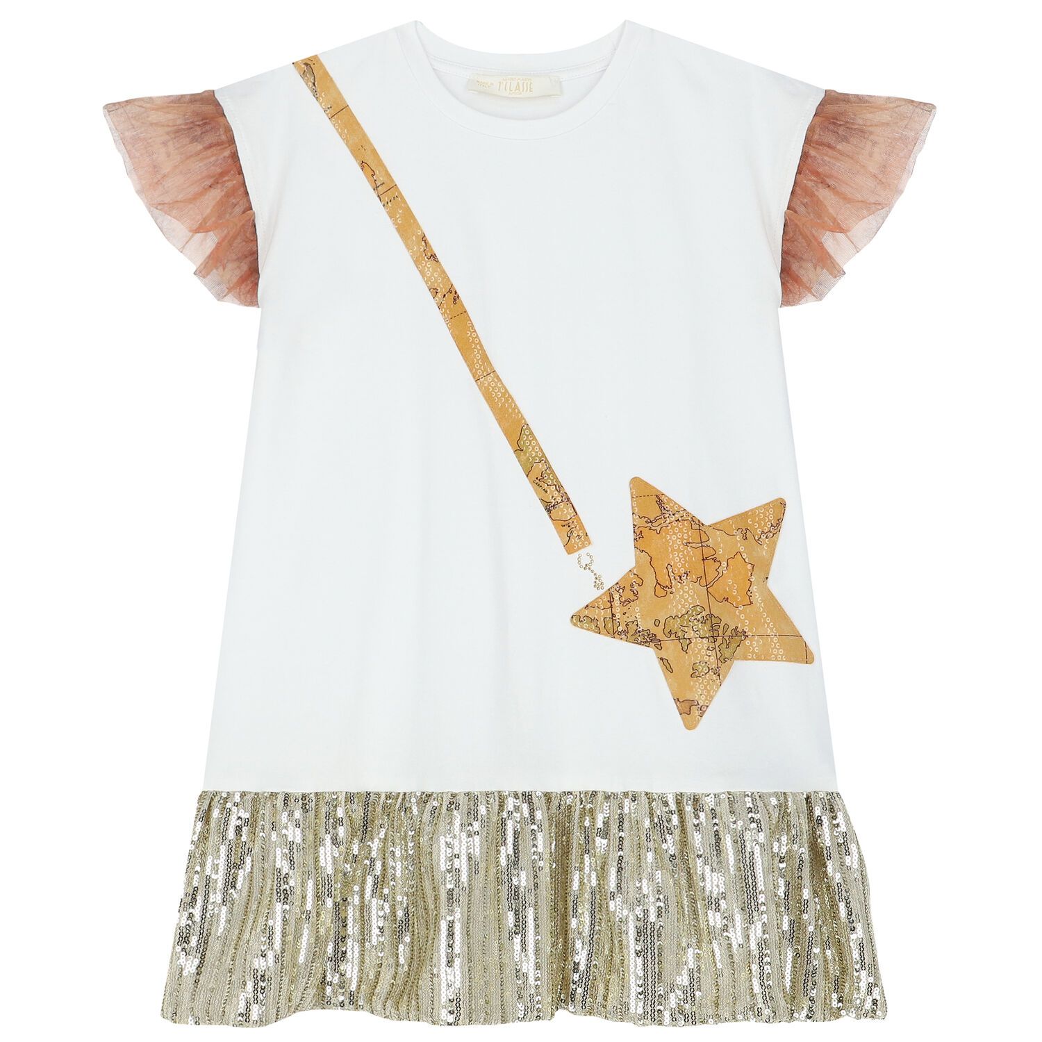 Girls White & Gold Geo Map Dress, 1, hi-res