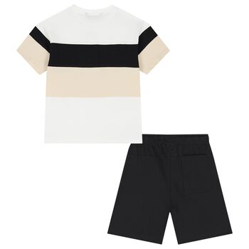 Boys White, Black & Beige Striped Shorts Set