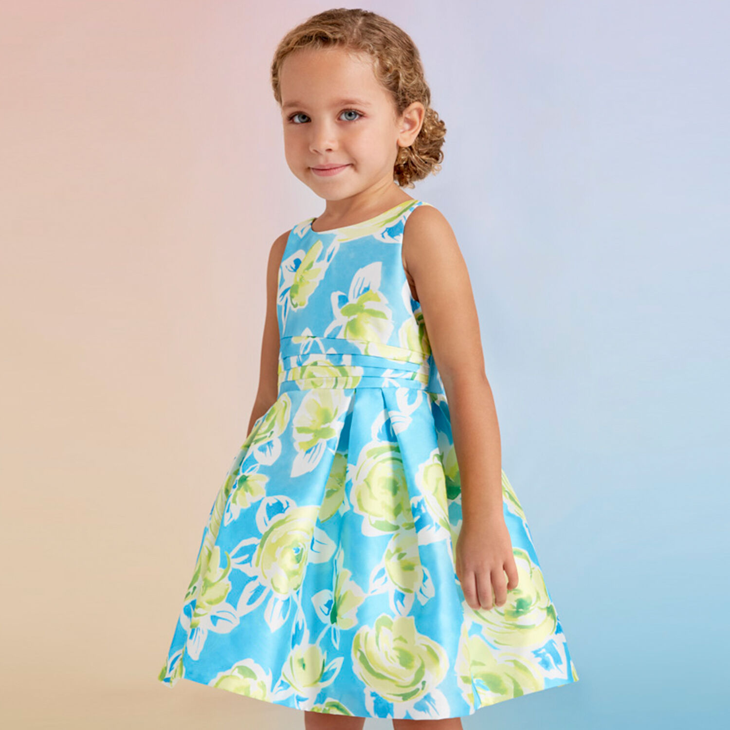 Girls Blue & Green Floral Dress, 1, hi-res image number null