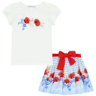 Girls Ivory & Blue Floral Skirt Set, 1, hi-res