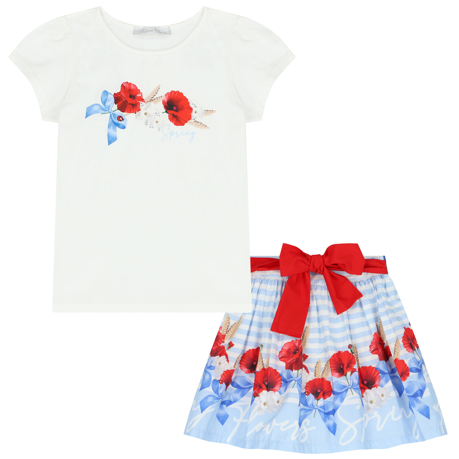 Girls Ivory & Blue Floral Skirt Set, 1, hi-res image number null