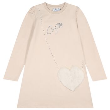 Girls Beige Embellished Logo Dress